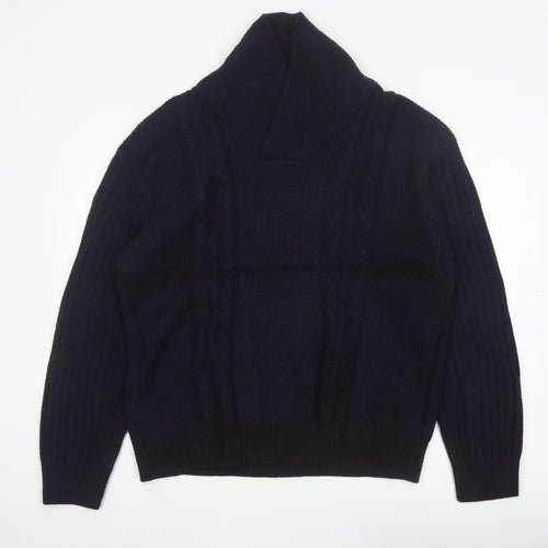 Zara Men Navy 2XL Cable Knit High Neck Pullover Wool Blend Jumper