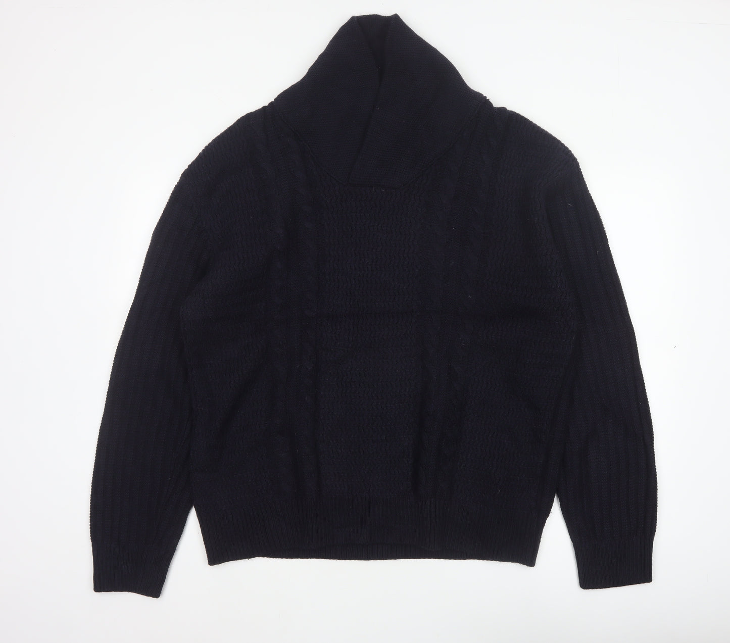 Zara Men Navy 2XL Cable Knit High Neck Pullover Wool Blend Jumper