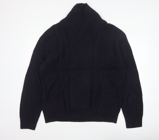 Zara Men Navy 2XL Cable Knit High Neck Pullover Wool Blend Jumper
