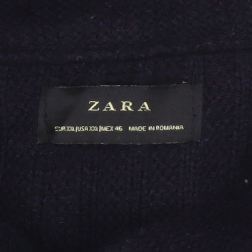 Zara Men Navy 2XL Cable Knit High Neck Pullover Wool Blend Jumper