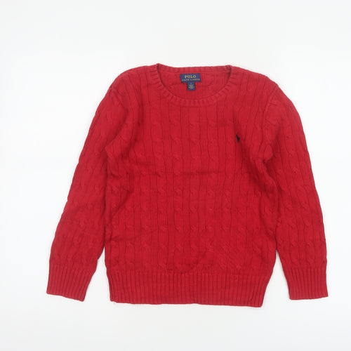 Polo Ralph Lauren Boys Red Cable Knit Cotton Jumper Size 7 Years