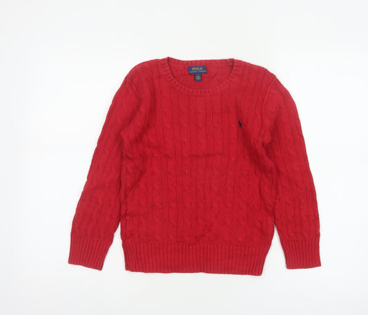 Polo Ralph Lauren Boys Red Cable Knit Cotton Jumper Size 7 Years