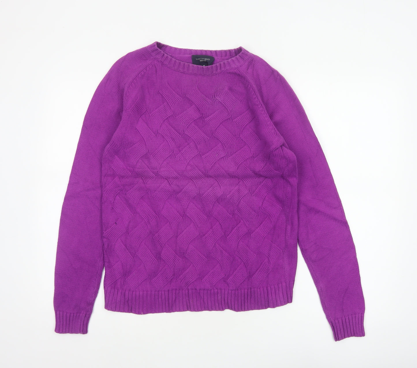Lands' End Women Purple M 10-12 Cable Knit Cotton Crew Neck Jumper