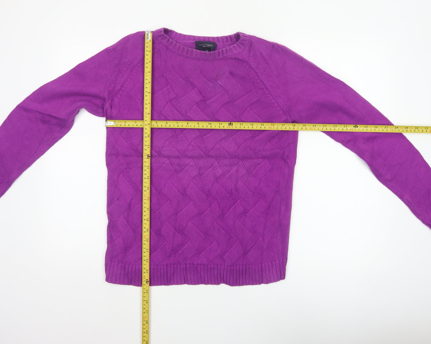 Lands' End Women Purple M 10-12 Cable Knit Cotton Crew Neck Jumper