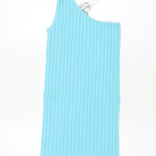 Zara Women Blue XS One Shoulder Ribbed Knit Bodycon Knee Dress