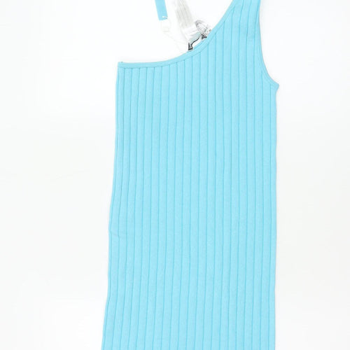 Zara Women Blue XS One Shoulder Ribbed Knit Bodycon Knee Dress