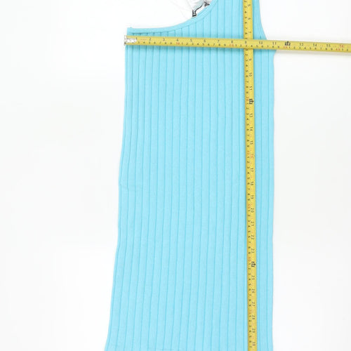 Zara Women Blue XS One Shoulder Ribbed Knit Bodycon Knee Dress
