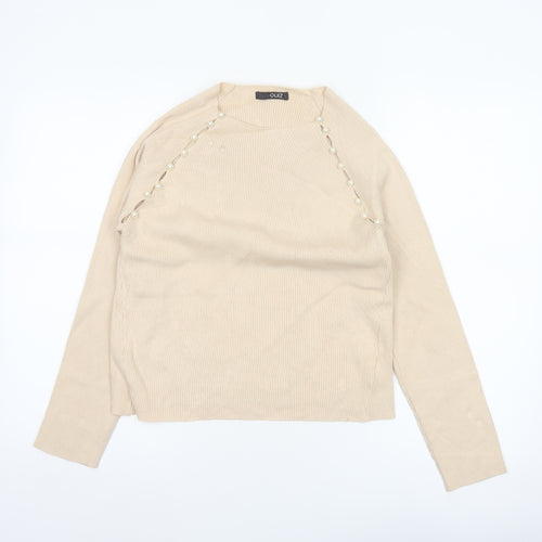 Quiz Women Beige L Ribbed Pearl Button Raglan Scoop Neck Jumper