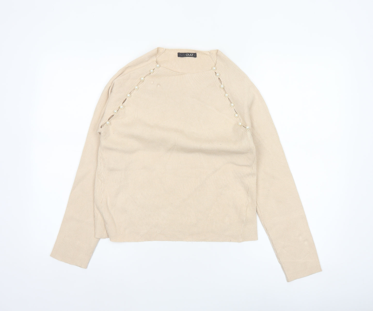 Quiz Women Beige L Ribbed Pearl Button Raglan Scoop Neck Jumper