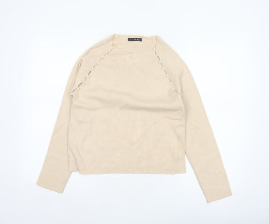 Quiz Women Beige L Ribbed Pearl Button Raglan Scoop Neck Jumper