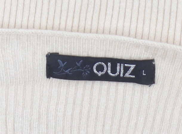 Quiz Women Beige L Ribbed Pearl Button Raglan Scoop Neck Jumper