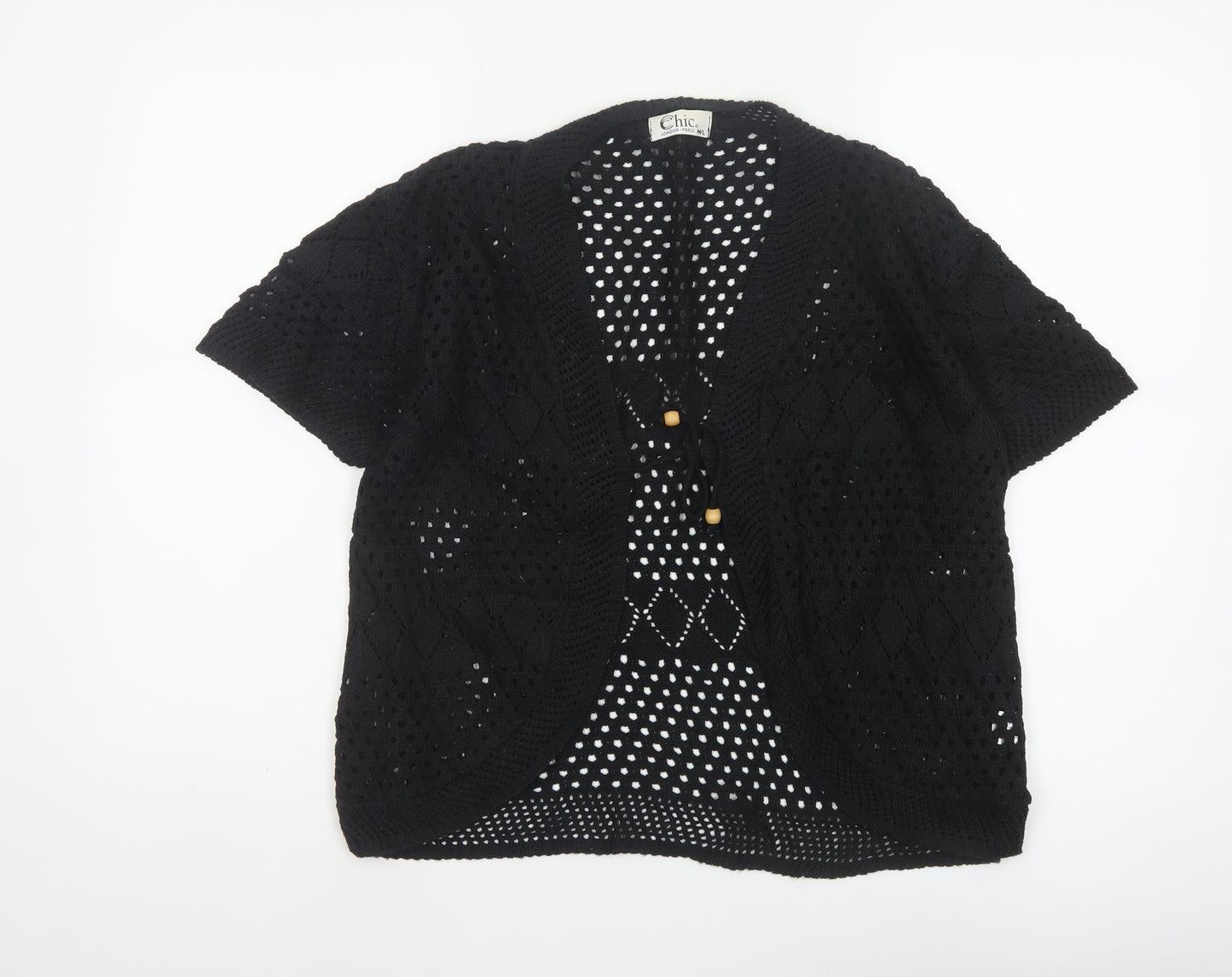 Chic Women’s Black M Knit Open Front Kimono Sleeve Button Blouse