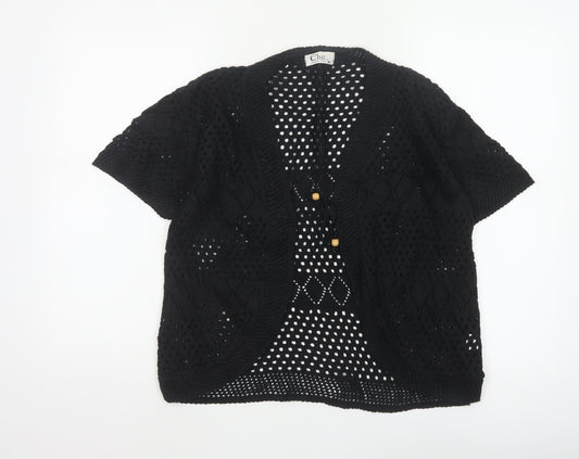 Chic Women’s Black M Knit Open Front Kimono Sleeve Button Blouse