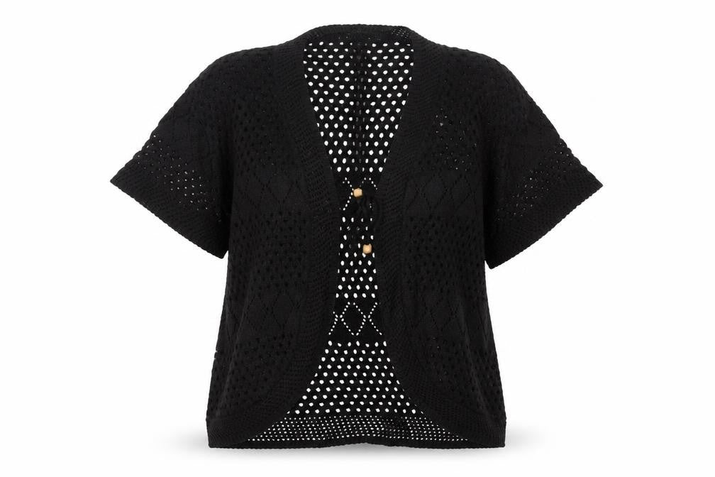 Chic Women’s Black M Knit Open Front Kimono Sleeve Button Blouse