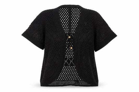 Chic Women’s Black M Knit Open Front Kimono Sleeve Button Blouse
