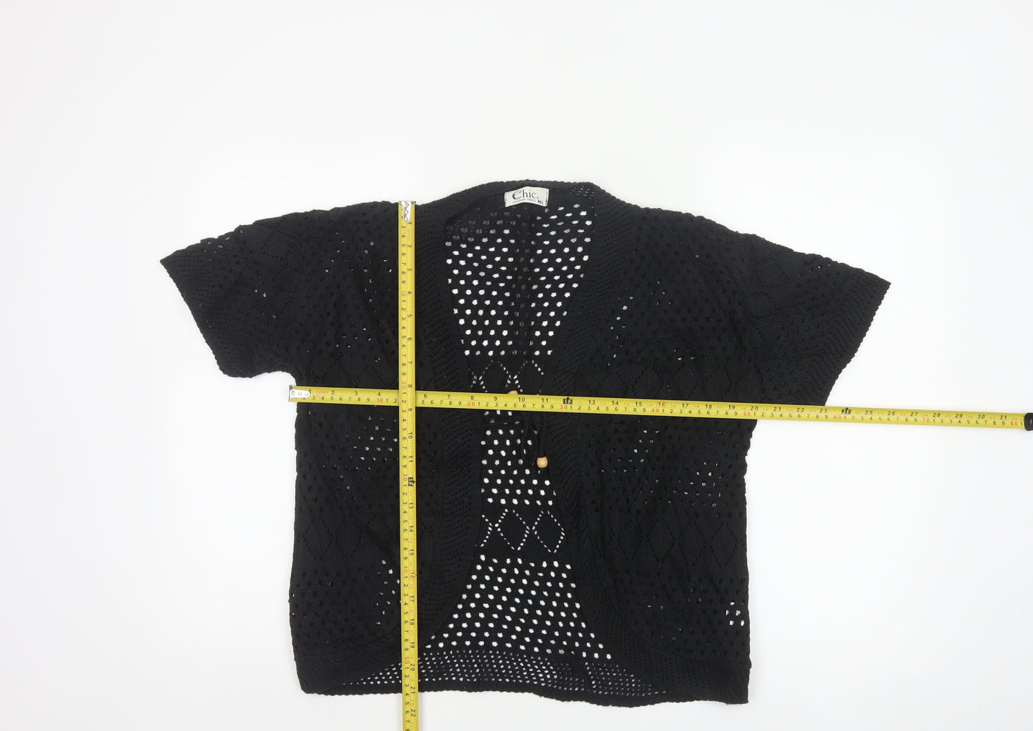 Chic Women’s Black M Knit Open Front Kimono Sleeve Button Blouse