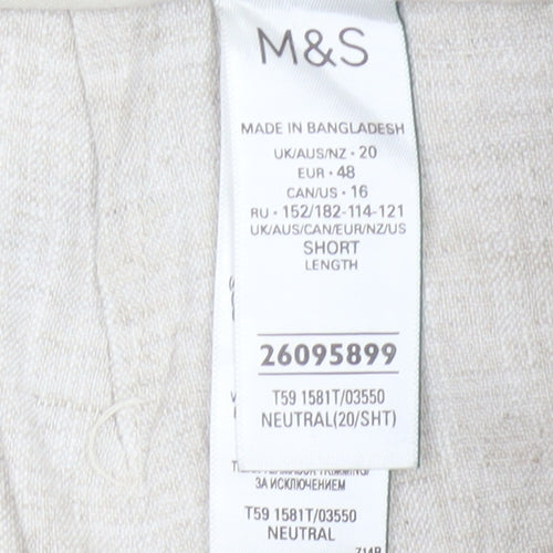 Marks & Spencer Women Beige Linen Blend Wide-Leg Trousers UK 20 Short