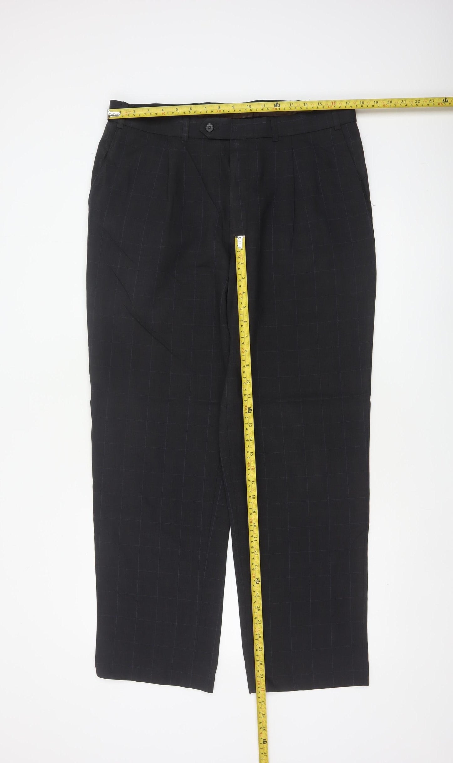 Marks & Spencer Men Grey Check Wool Dress Trousers 36W 31L