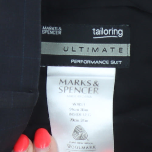 Marks & Spencer Men Grey Check Wool Dress Trousers 36W 31L