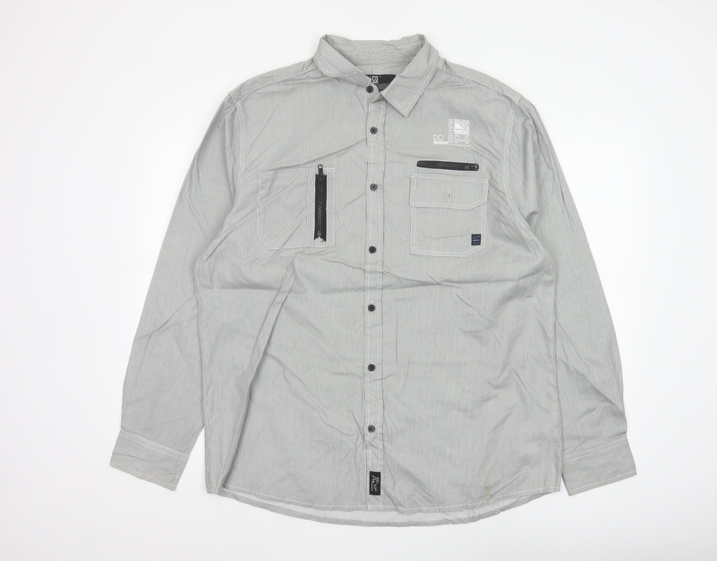 Denim Co Men Grey Striped XL Utility Button-Up Long Sleeve Shirt