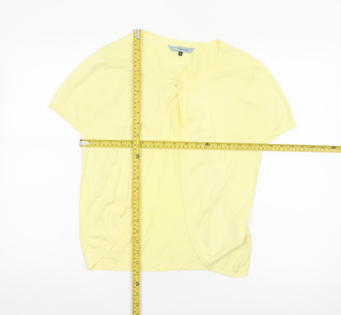 Red Herring Women Yellow Size 10 Short Sleeve Knit Button Cardigan