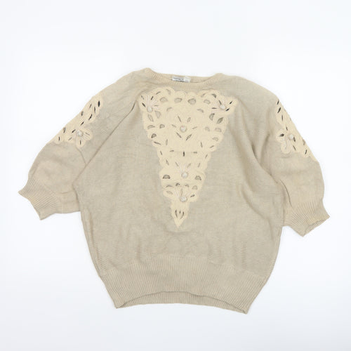 Jacques Vert Women Beige UK 12 Floral Embroidered Cotton Tunic Top
