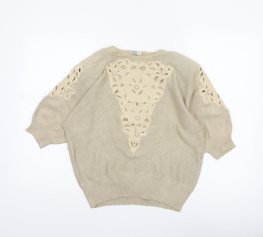 Jacques Vert Women Beige UK 12 Floral Embroidered Cotton Tunic Top