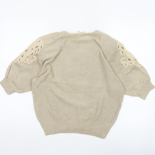 Jacques Vert Women Beige UK 12 Floral Embroidered Cotton Tunic Top