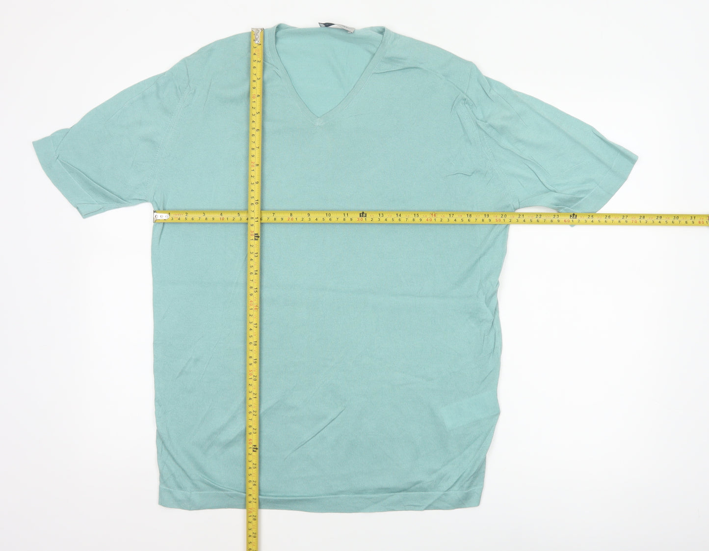 John Smedley Men Blue M Sea Island Cotton V-Neck Knit T-Shirt
