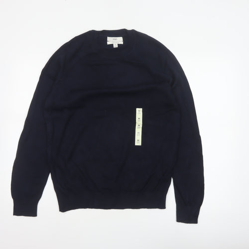 Marks and Spencer Men Blue M Regular Pure Cotton Crew Neck Jumper