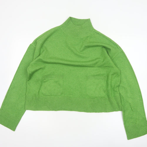 Marks & Spencer Women Green M Mock Neck Pocket Knit Pullover Jumper
