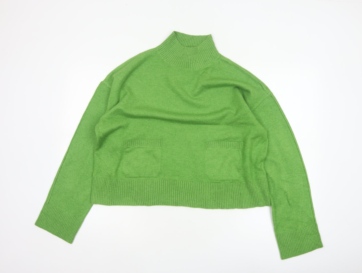 Marks & Spencer Women Green M Mock Neck Pocket Knit Pullover Jumper
