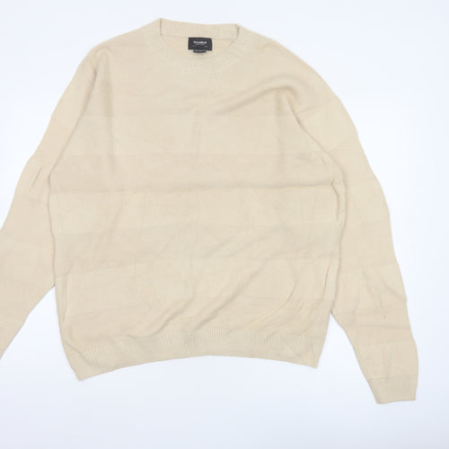 Pull&Bear Men Beige M Cotton Crew Neck Striped Knit Pullover Jumper