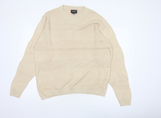 Pull&Bear Men Beige M Cotton Crew Neck Striped Knit Pullover Jumper