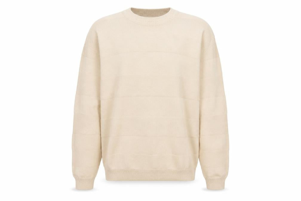 Pull&Bear Men Beige M Cotton Crew Neck Striped Knit Pullover Jumper