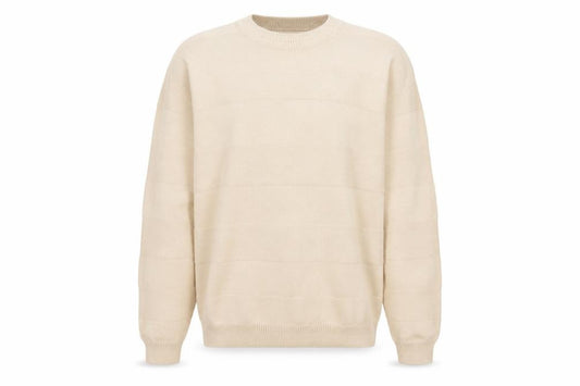 Pull&Bear Men Beige M Cotton Crew Neck Striped Knit Pullover Jumper