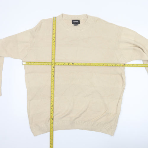Pull&Bear Men Beige M Cotton Crew Neck Striped Knit Pullover Jumper