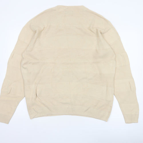Pull&Bear Men Beige M Cotton Crew Neck Striped Knit Pullover Jumper