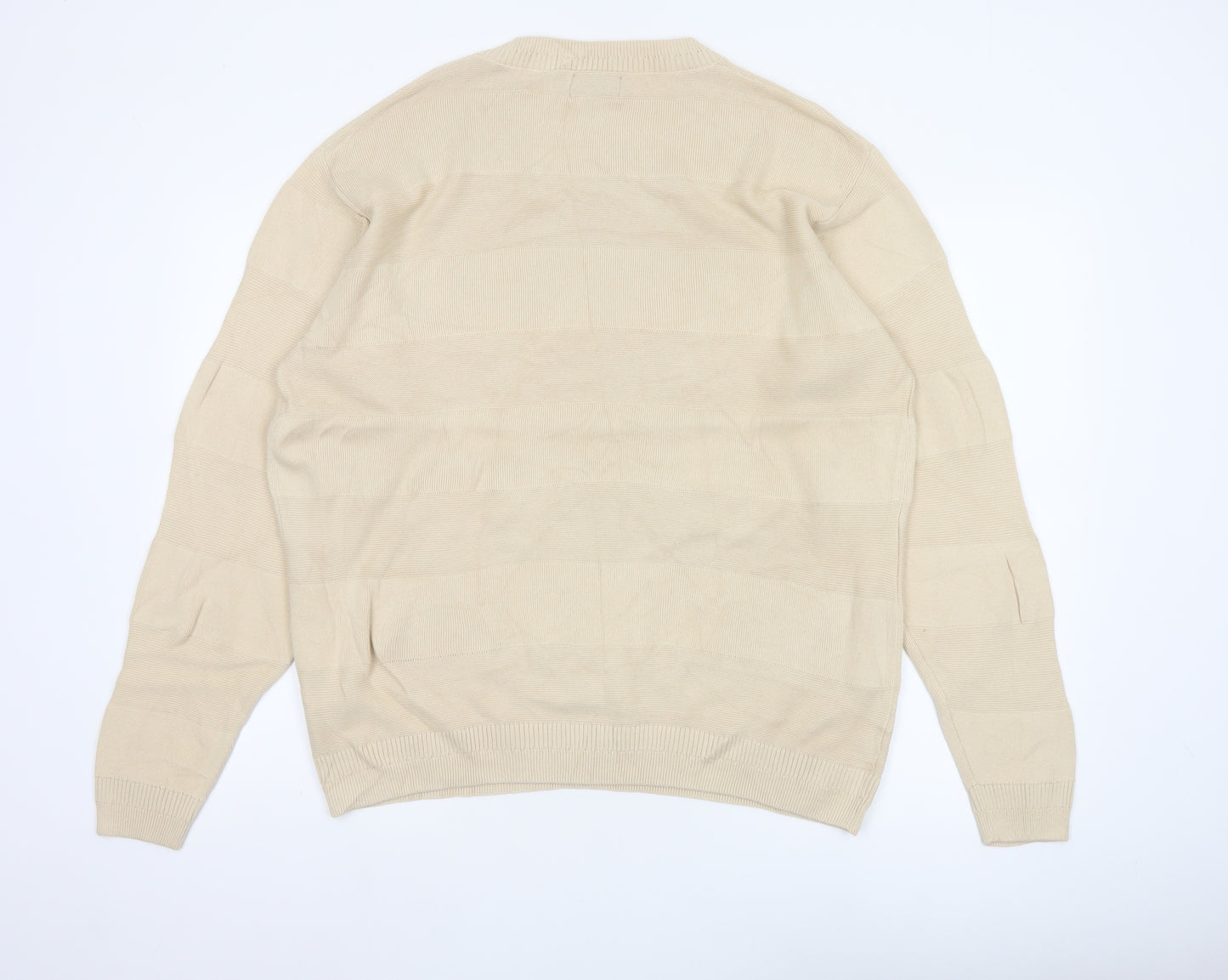 Pull&Bear Men Beige M Cotton Crew Neck Striped Knit Pullover Jumper