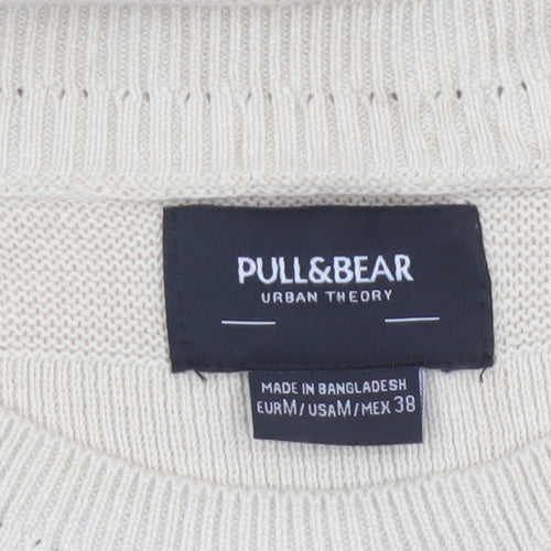 Pull&Bear Men Beige M Cotton Crew Neck Striped Knit Pullover Jumper