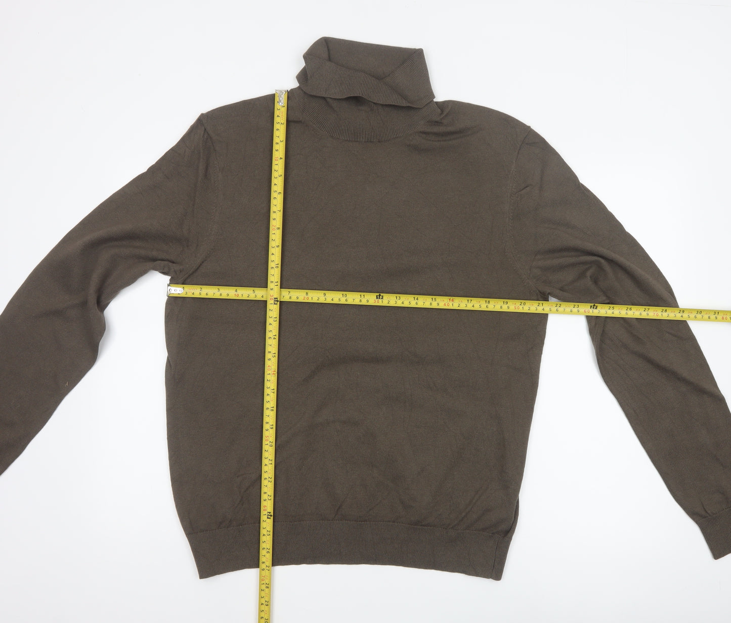 Marks & Spencer Men Brown L Roll Neck Cotton Blend Knit Jumper