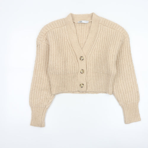 Zara Women Beige S Chunky Knit V-Neck Button Cardigan Alpaca Blend