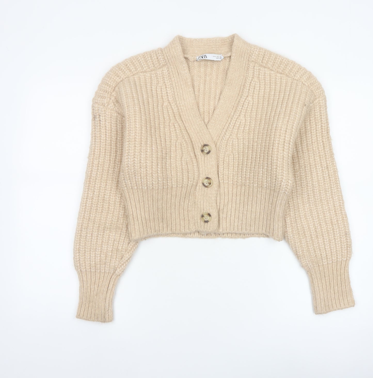 Zara Women Beige S Chunky Knit V-Neck Button Cardigan Alpaca Blend