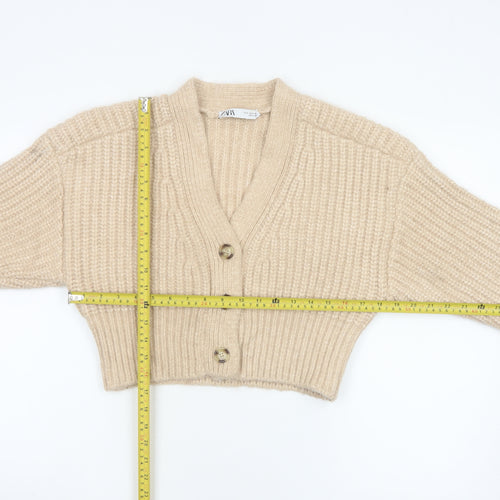Zara Women Beige S Chunky Knit V-Neck Button Cardigan Alpaca Blend