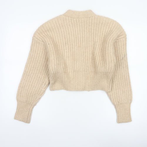 Zara Women Beige S Chunky Knit V-Neck Button Cardigan Alpaca Blend