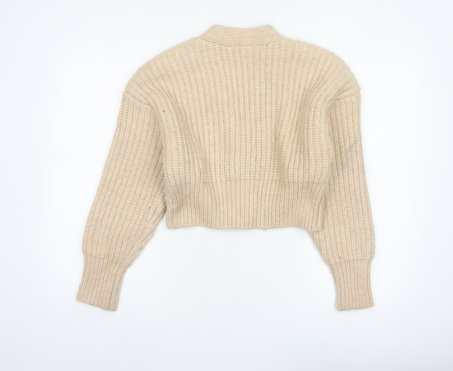 Zara Women Beige S Chunky Knit V-Neck Button Cardigan Alpaca Blend