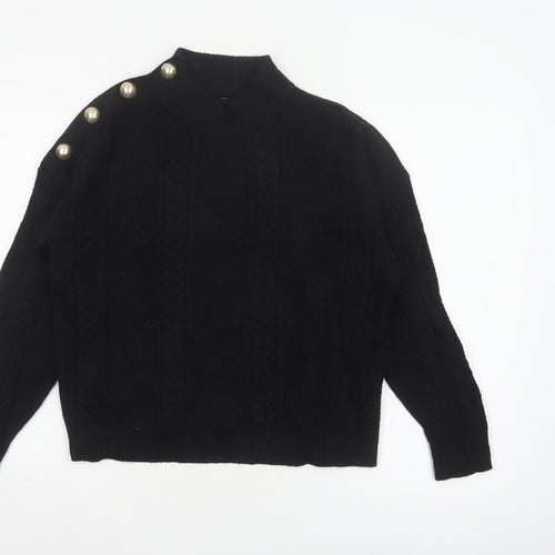 Mango Women Black UK 12 Cable-Knit High Neck Button Pullover Jumper