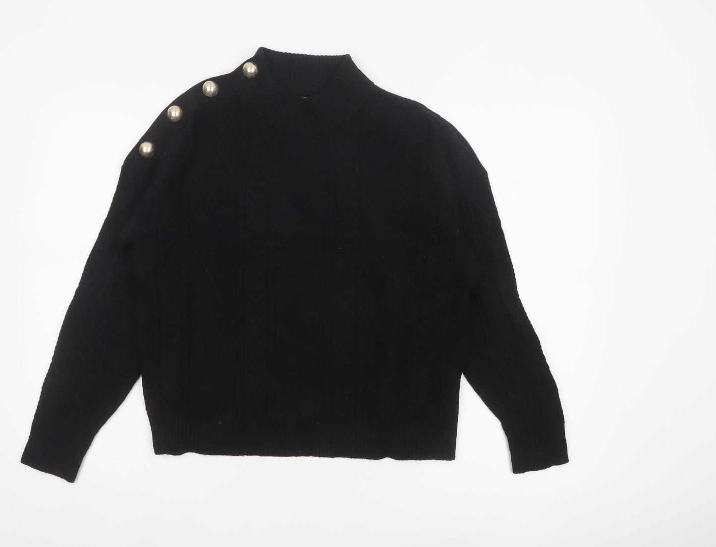 Mango Women Black UK 12 Cable-Knit High Neck Button Pullover Jumper