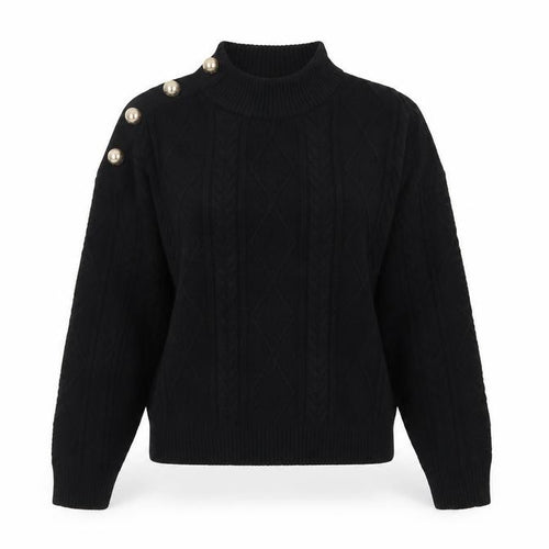 Mango Women Black UK 12 Cable-Knit High Neck Button Pullover Jumper