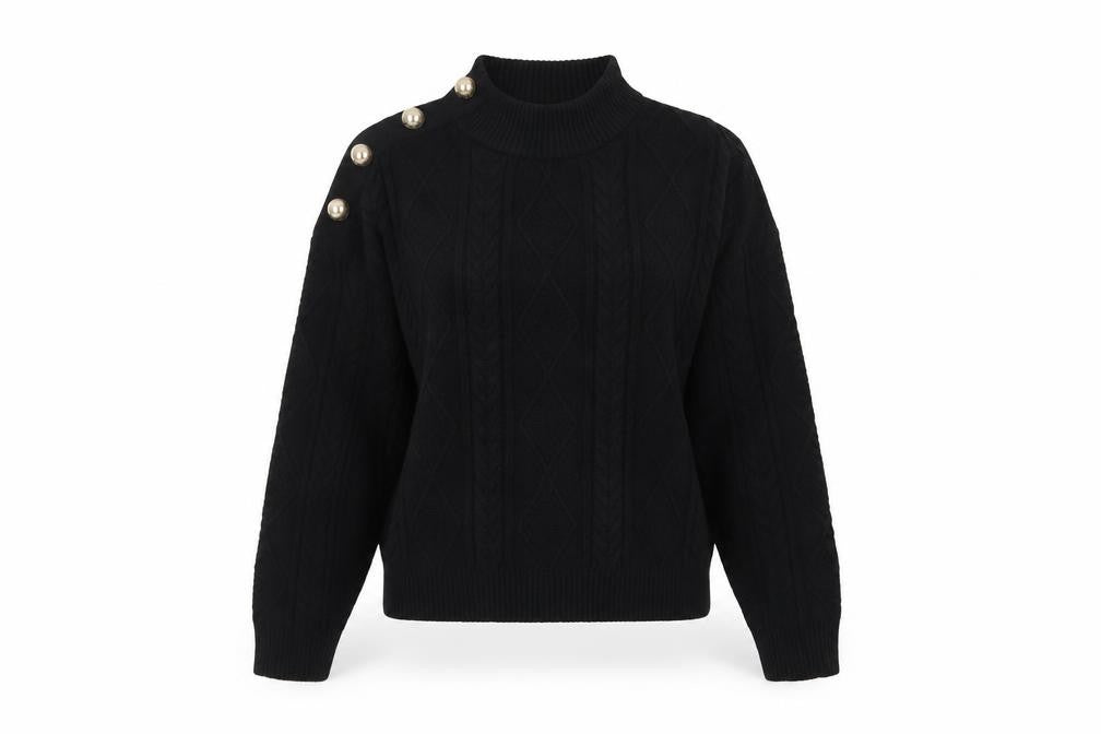 Mango Women Black UK 12 Cable-Knit High Neck Button Pullover Jumper